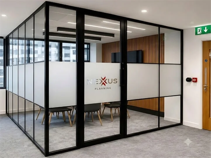 FASTSIGNS Bristol supplied and installed bespoke frosted window film, incorporating Nexus Planning's branding into the glass partitions